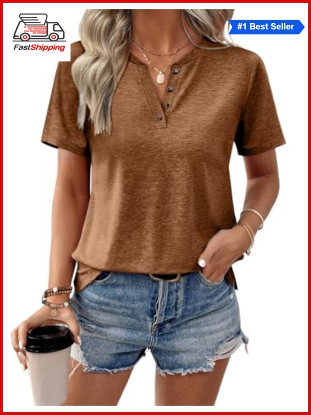 Womens V Neck Short Sleeve Tops Button Loose Summer T Shirts